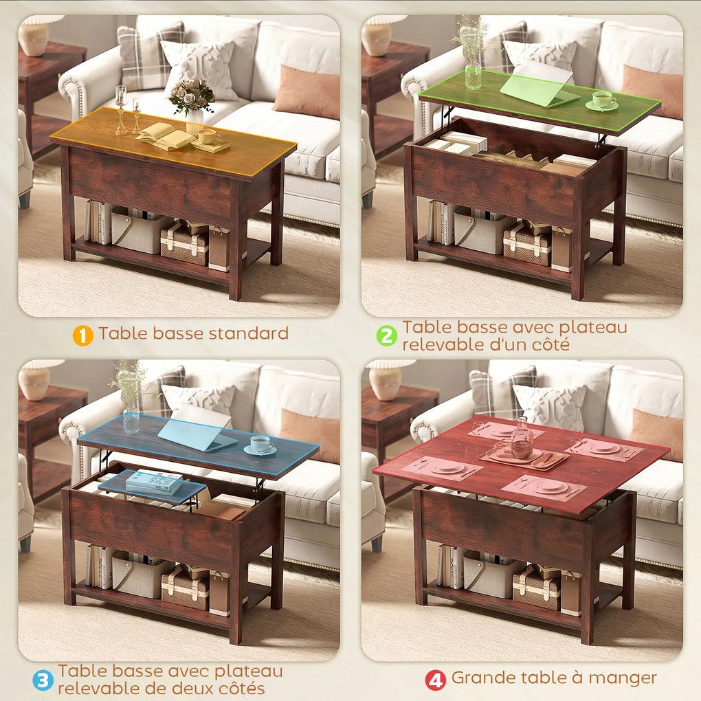 Mesa de Centro Elevável e Extensível, 100 x 90 x 63,5 cm, Tampo Duplo Ajustável, Castanho Rústico