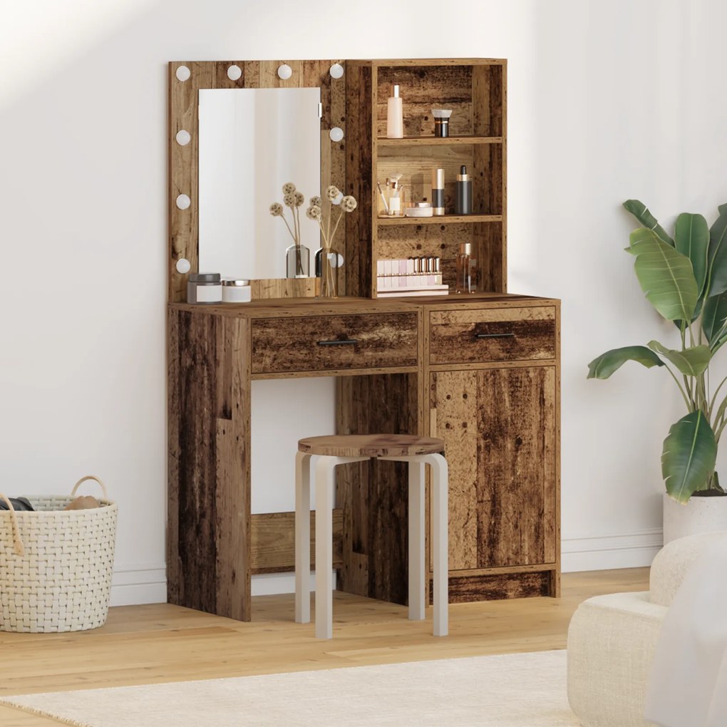 Conjunto de Mesa de Maquilhagem 2 Peças com LED em Madeira Velha