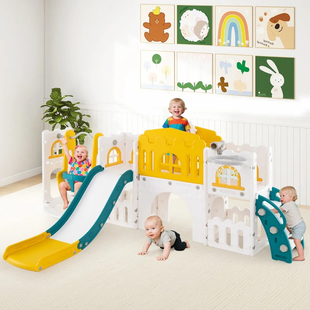 Conjunto de baloiço e escorrega 10 em 1 para crianças com cesto de basquetebol telescópico e corredor infantil Verde + Amarelo
