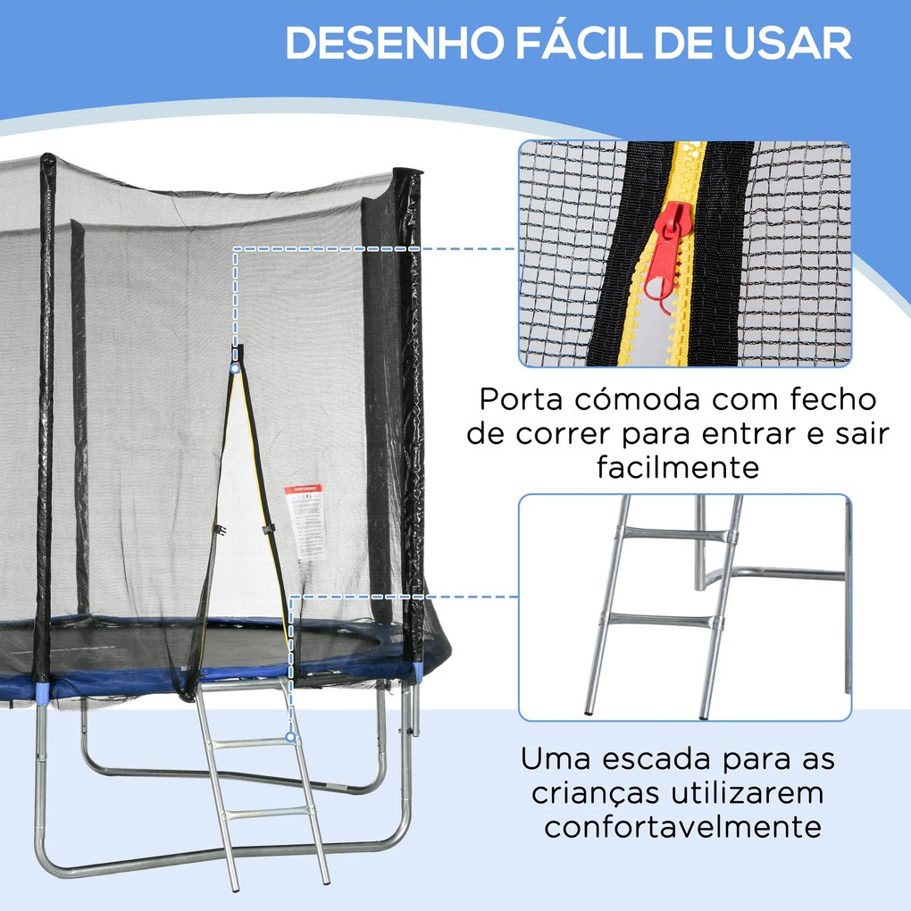 Trampolim de Exterior Ø305x250 cm Trampolim para Crianças e Adultos com Rede de Segurança e Escada Azul