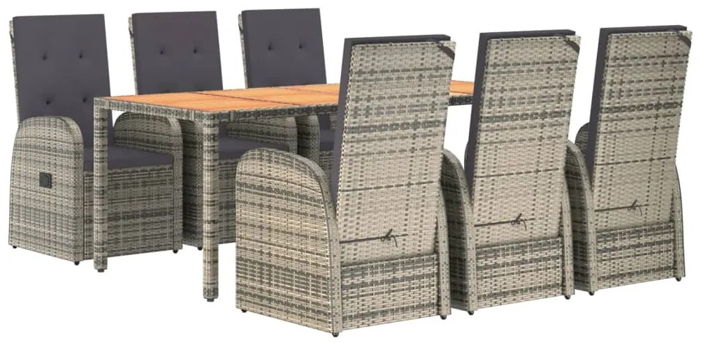 7 pcs conjunto de jantar p/ jardim c/ almofadões vime PE cinza