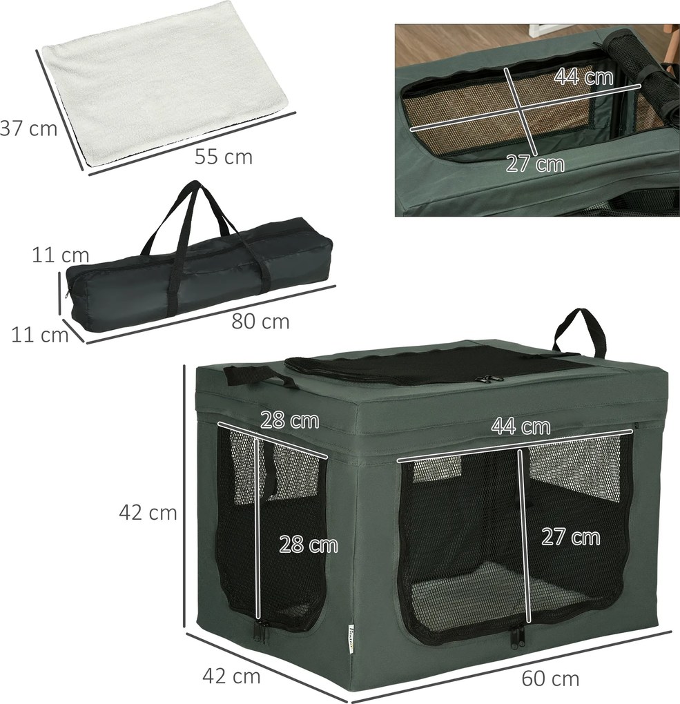 Saco de transporte dobrável para animais de estimação com alça em tecido de malha, 60 x 42 x 42 cm, cinzento-preto