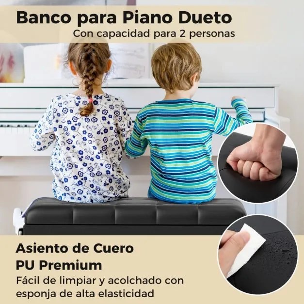 Banco para piano ajustável com arrumação Banco duplo de madeira com almofada para teclado almofadada em PU Preto