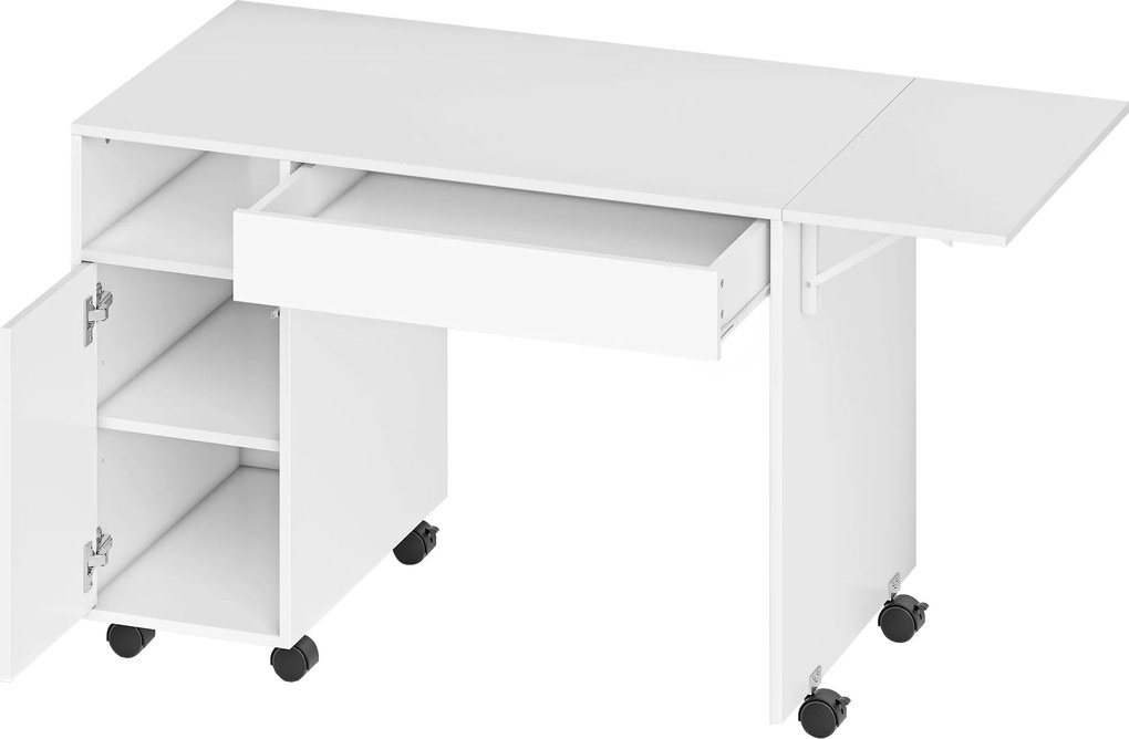 HOMCOM Mesa de Computador com Rodas e Tampo Dobrável Gaveta e Armário 130x58 cm Branco | Aosom Portugal
