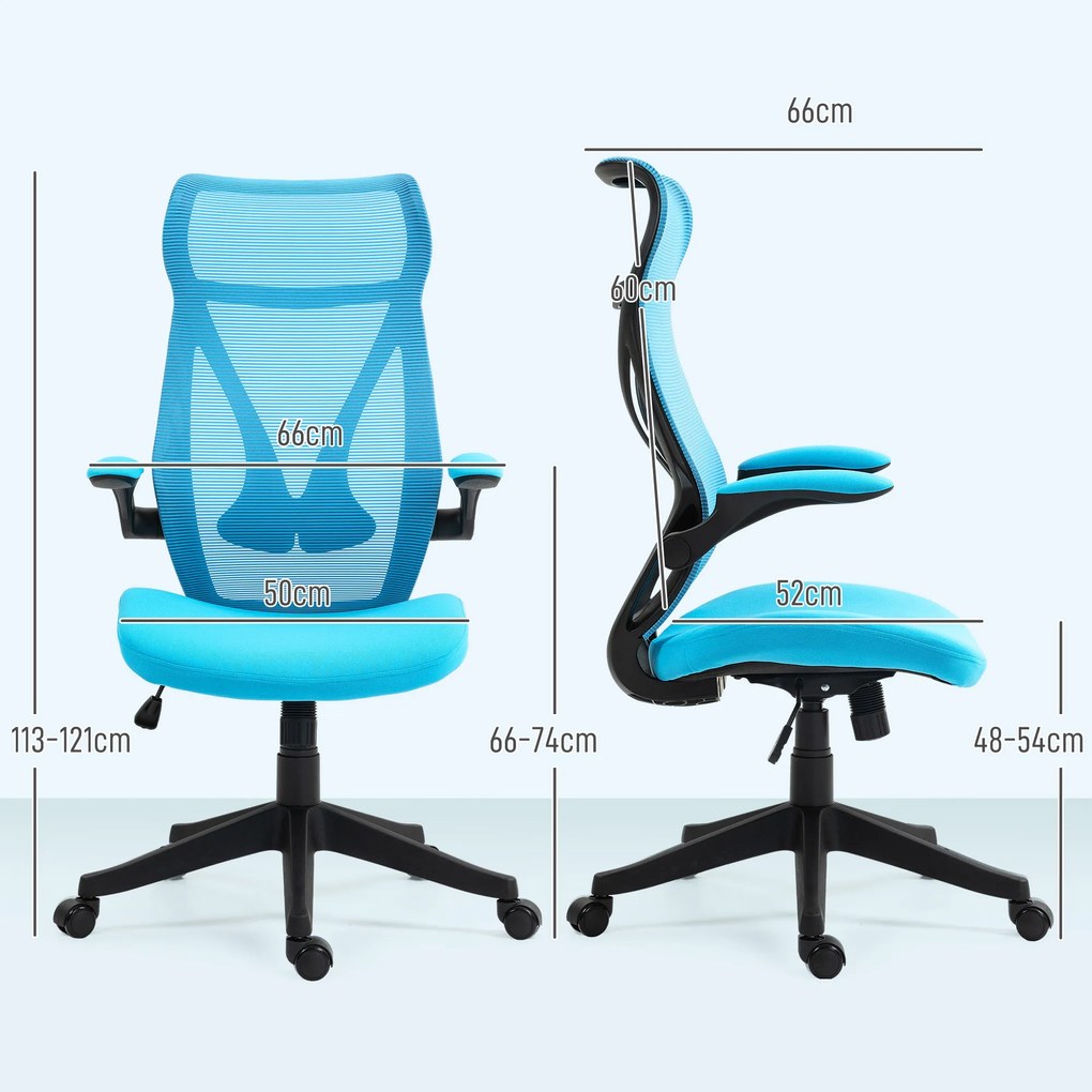 Cadeira de Escritório Giratória com Altura Ajustável Apoio para os Braços Dobráveis e Função Basculante 66x66x113-121 cm Azul
