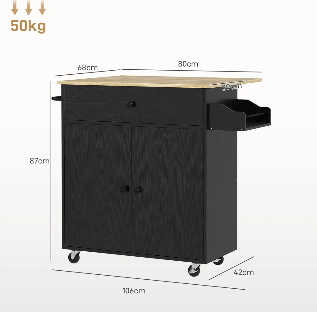 Ilha de Cozinha com Rodas com Lateral Dobrável Gaveta Suporte para Temperos e Prateleira Ajustável 106x42x87 cm Preto e Carvalho
