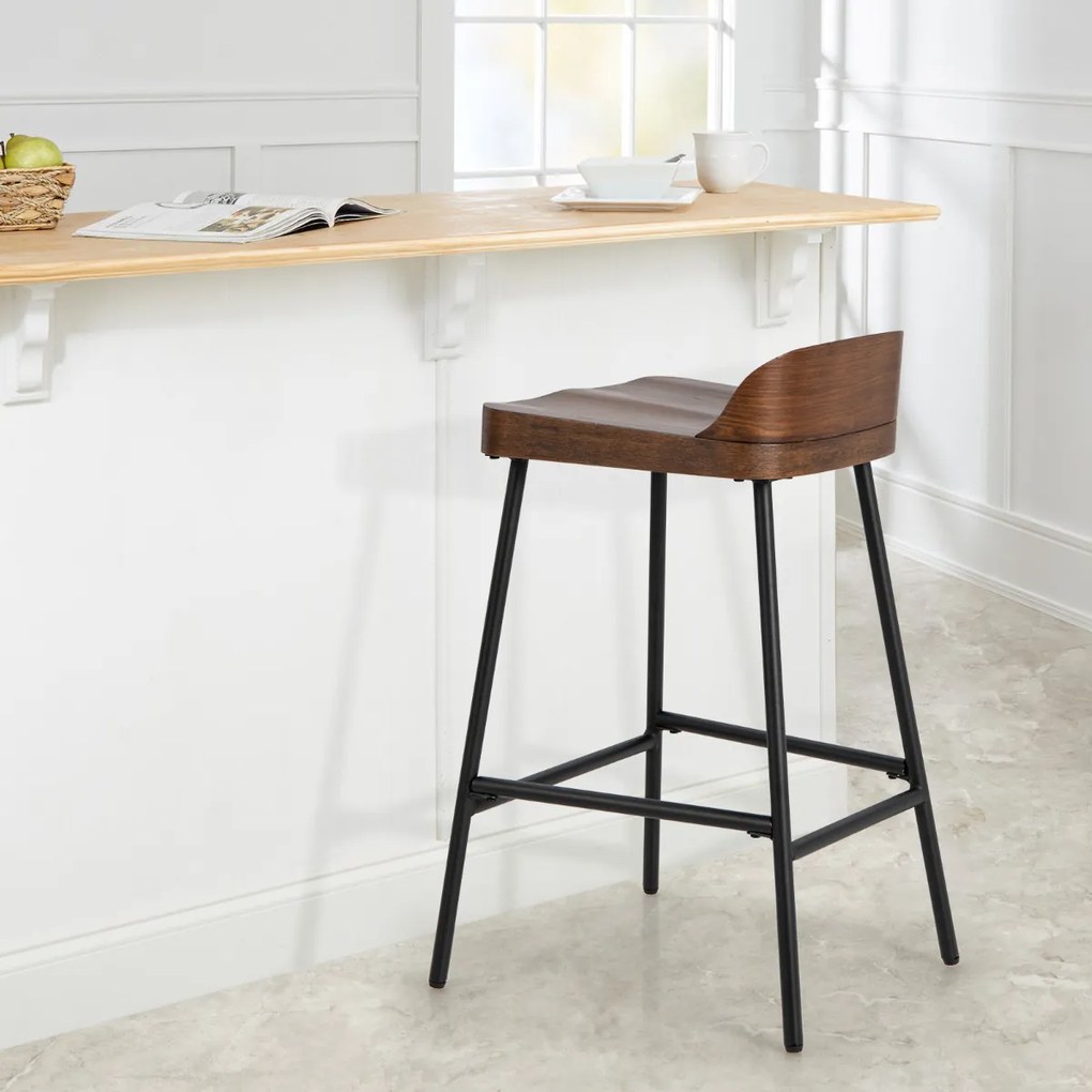 Banco de Bar Alto Banco de Bar 62 cm com Assento e Encosto Cadeira de Altura de Bar Industrial para Sala de Jantar Cozinha Castanho