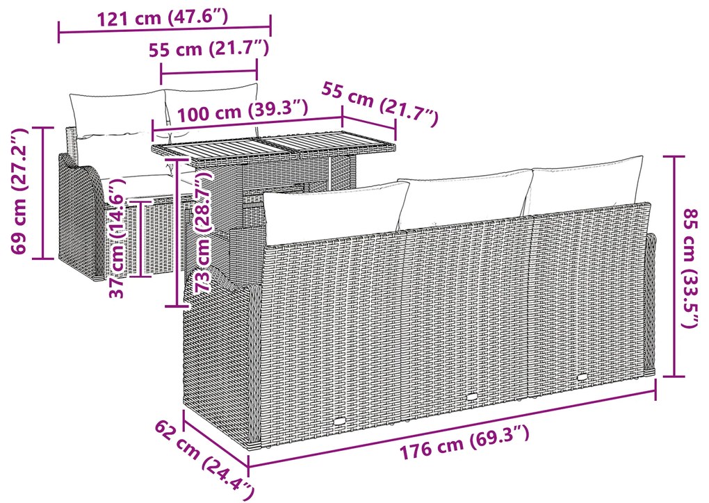 Conjunto de Sofá de Jardim 6 Peças com Almofadas Preto Rattan Poliéste