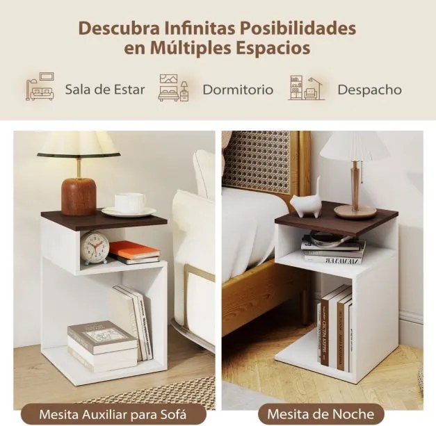 Mesa de cabeceira 33 x 33 x 50 cm em forma de S com 2 compartimentos abertos branca e cor nogueira