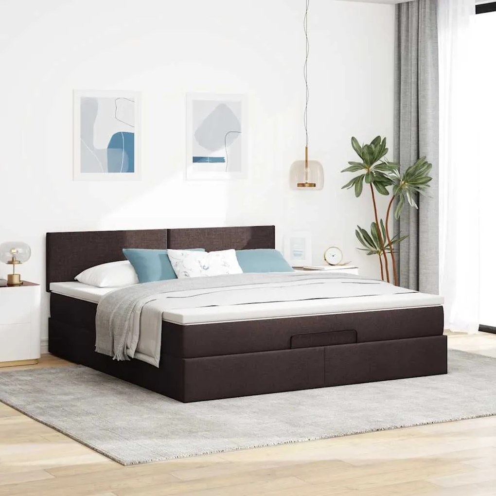 Estrutura de cama otomana com colchão tecido castanho escuro
