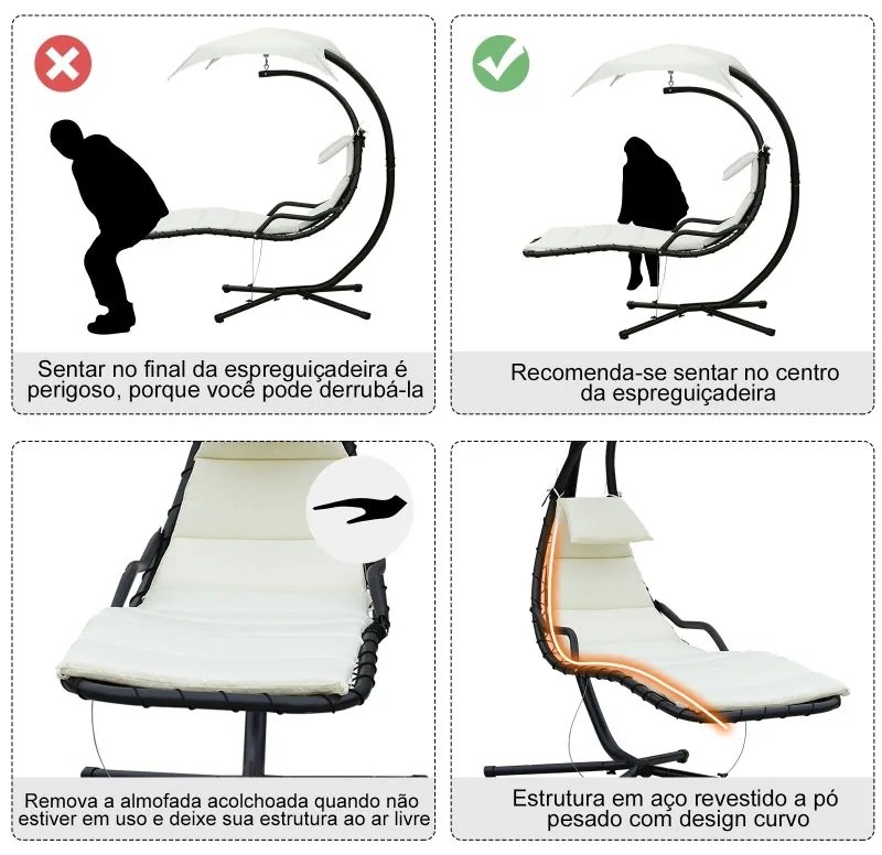 Espreguiçadeira Suspensa com Guarda Sol - Creme - Design Moderno