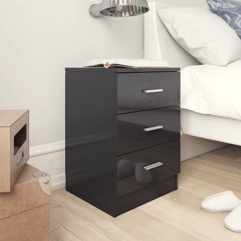 vidaXL Mesa de cabeceira 38x35x56 cm contraplacado preto brilhante