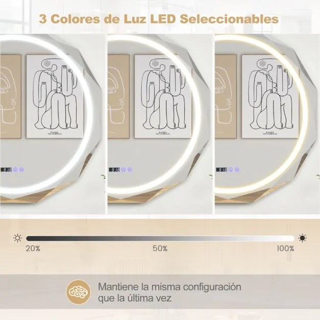 Espelho de casa de banho com LED anti-embaciamento 76 x 76 x 3,5 cm com rebordo biselado com 3 cores de temperatura Inquebrável Função de memória Botã