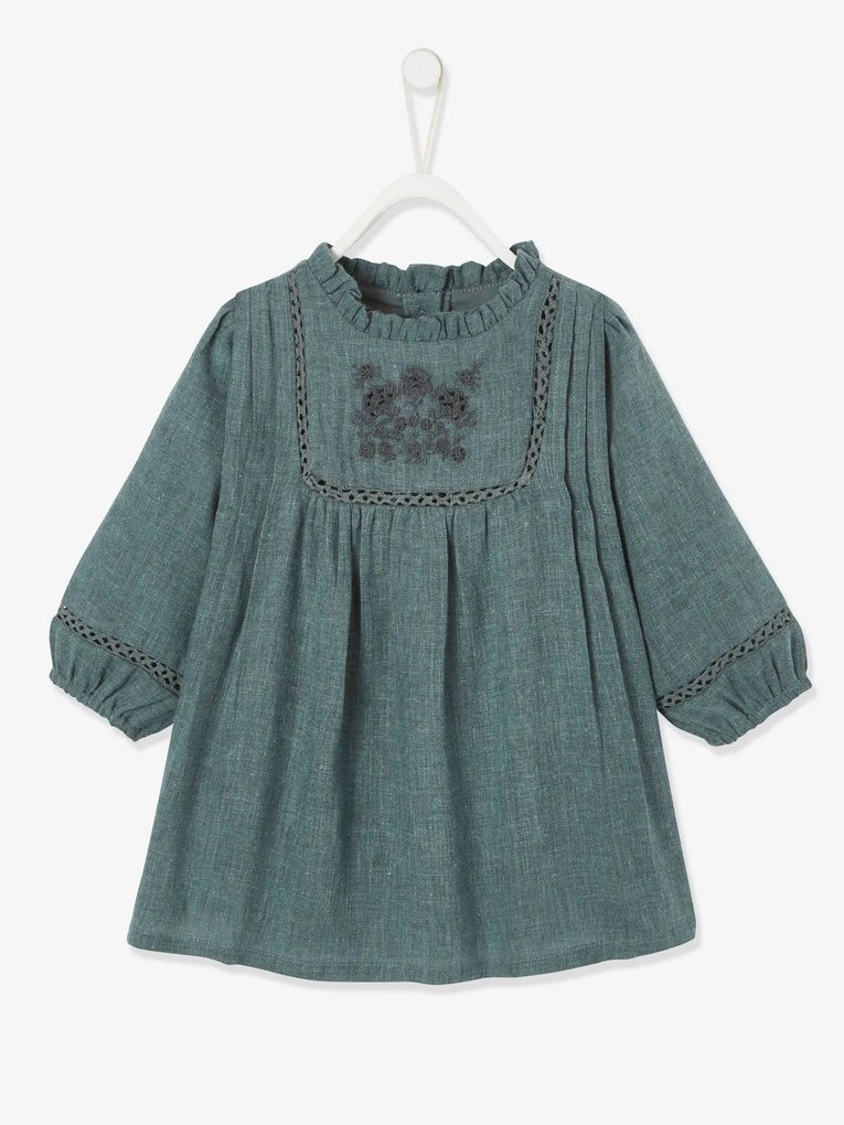 Vestido com plastrão bordado, para bebé verde escuro acinzentado