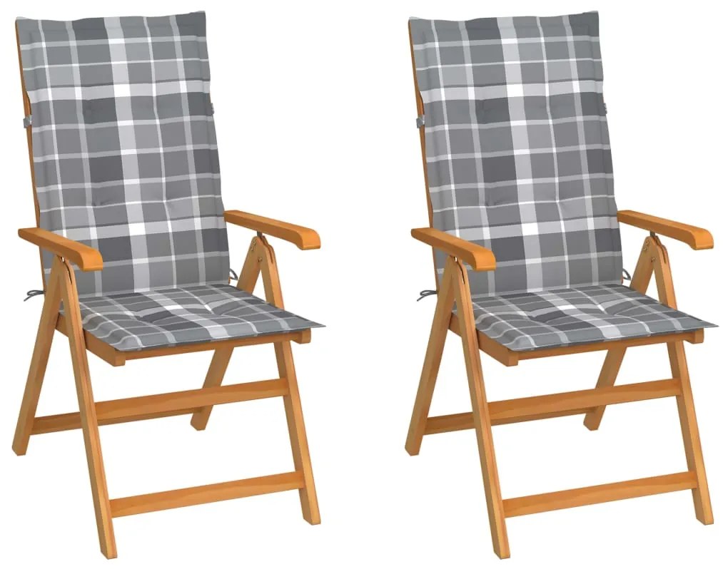 vidaXL Cadeiras jardim c/ almofadões xadrez cinzento 2 pcs teca maciça