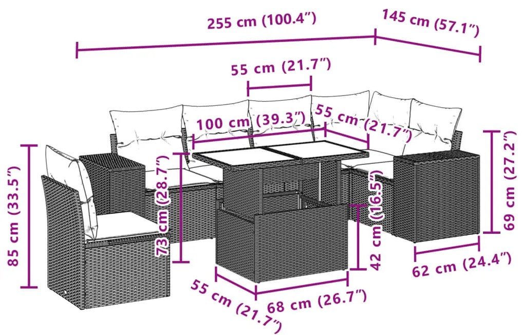 7 pcs conj. sofás jardim com almofadões vime PE cinzento-claro