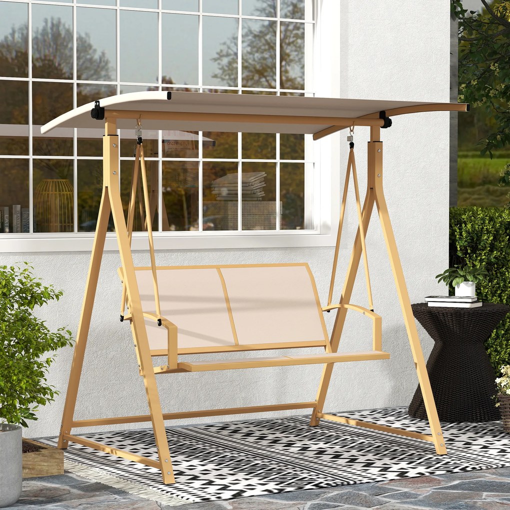 Baloiço de Jardim de 2 Lugares com Toldo Ajustável 90° Proteção UV 30+ e Estrutura Triangular 160x112x162 cm Caqui