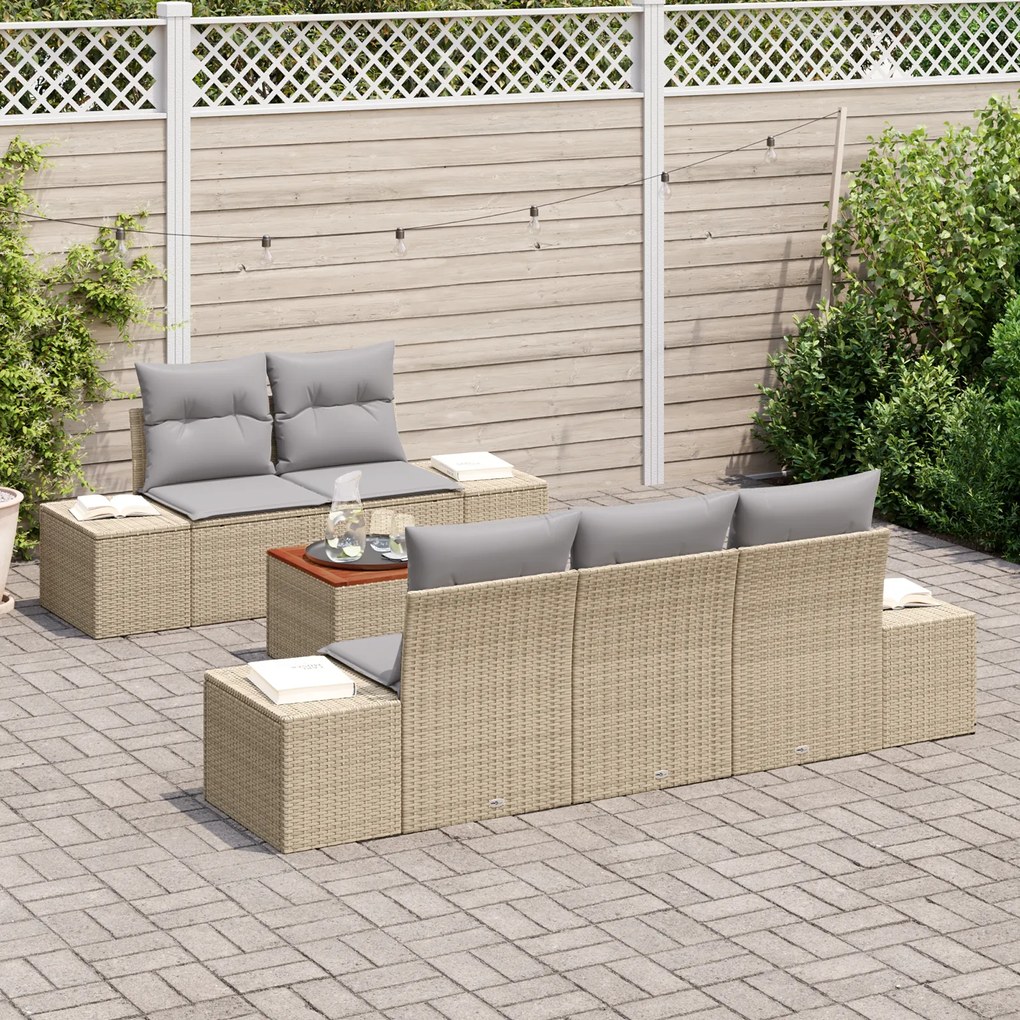 Conjunto de Sofá de Jardim de 6 Peças com Almofadas em Bege Rattan Pol
