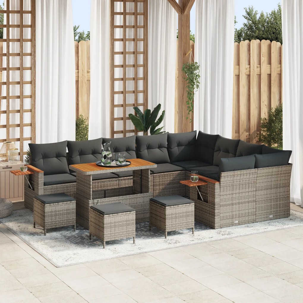 vidaXL Conjunto de Sofás de Jardim de 13 Peças com Almofadas Cinza Rattan Poliéster Acácia