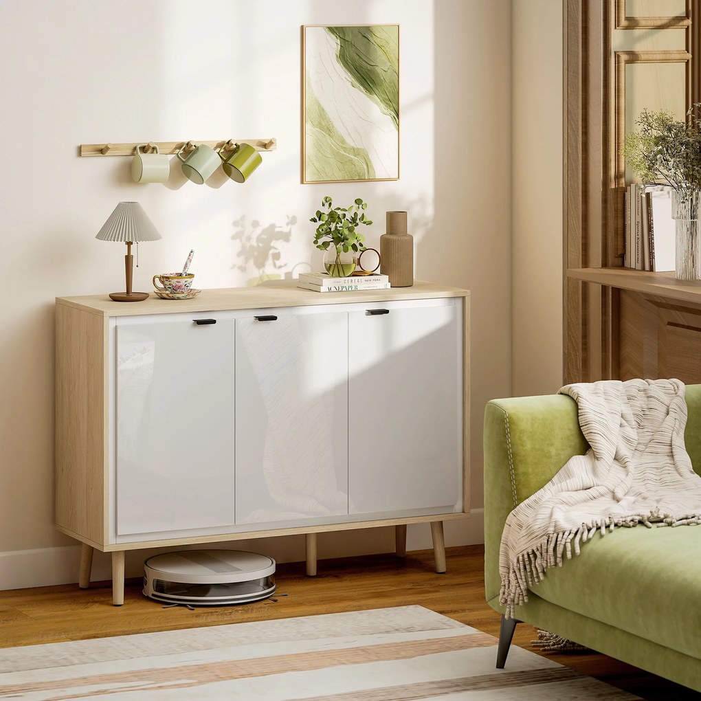 Aparador, móvel de arrumação com 3 portas 107 x 35 x 77 cm, prateleiras ajustáveis, , branco e cor carvalho