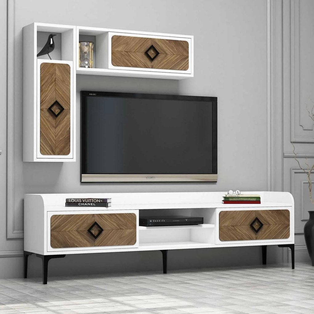 Conjunto de Mobiliário de Sala Samba – Branco e Noz – TV: 180x52x35 cm