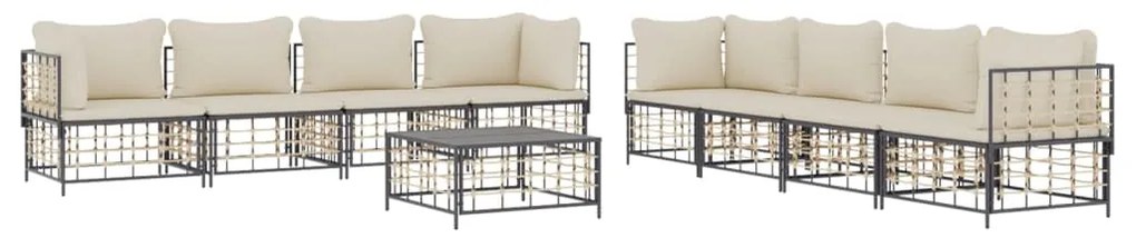 9 pcs conjunto lounge de jardim c/ almofadões vime PE antracite