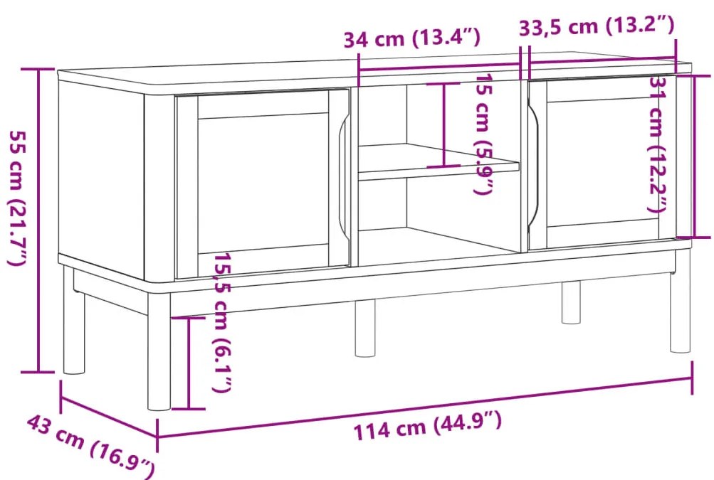 Móvel de TV FLORO 114x43x55 cm pinho maciço castanho mel
