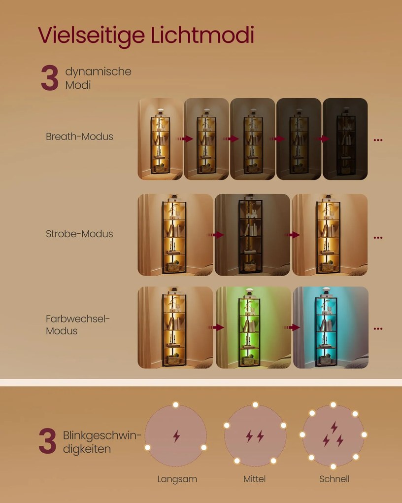 Estante de canto com 5 níveis e iluminação LED 24,8 x 48 x 146,6 cm castanho vintage