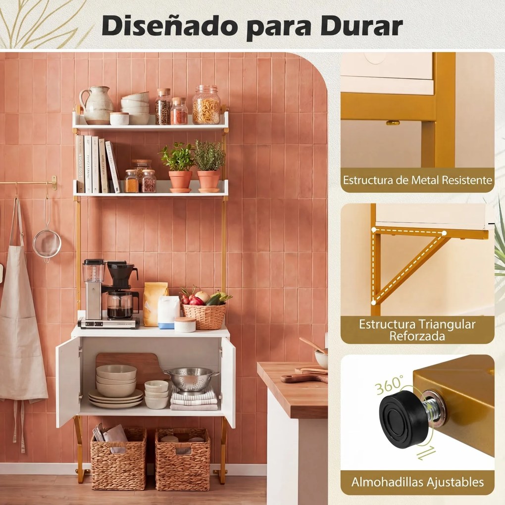 Estante em escada de 4 níveis com prateleiras abertas e portas 67 x 48 x 181 cm, Estrutura metálica, para arrumação na sala ou no escritório, Branco +