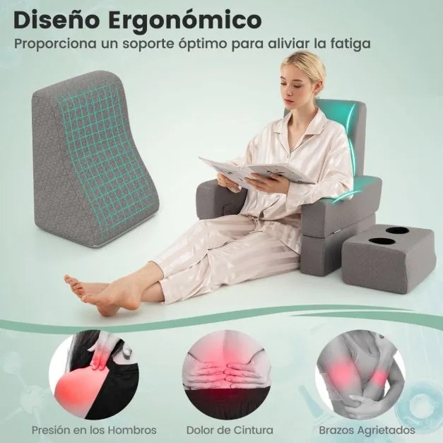 Conjunto de 3 almofadas de leitura, para colo e costas com bolso de armazenamento e porta-copos cinza