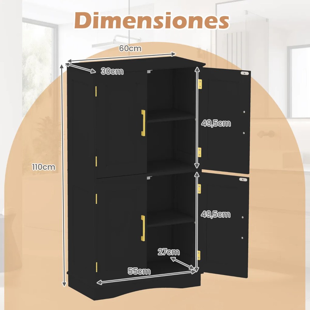 Móvel despensa 110 cm independente com 4 portas e 2 prateleiras ajustáveis Armário para cozinha sala de jantar Preto