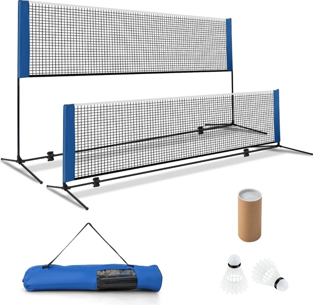 Rede de Badminton 420 cm Portátil Ajustável em Altura com Postes, Bolsa de Transporte e 2 Penas para Interior e Exterior  Azul