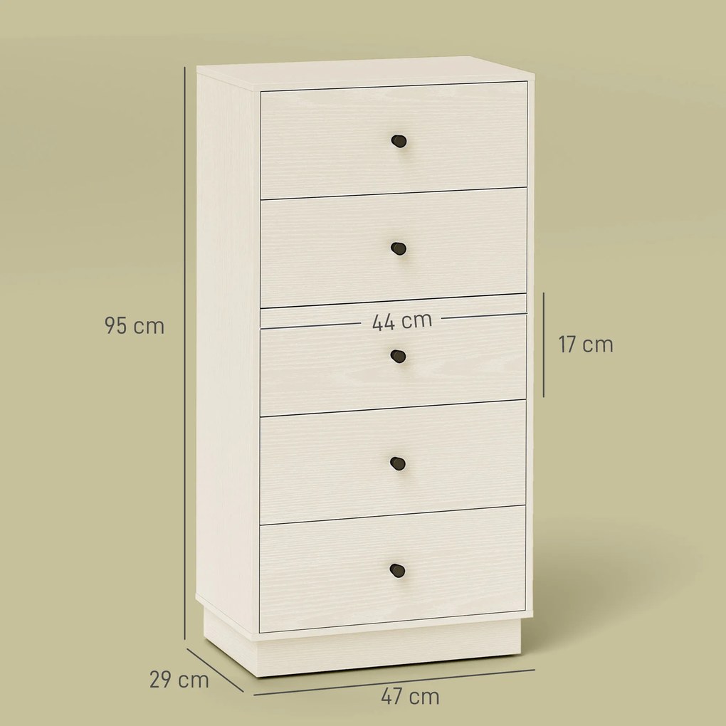 Cómoda com 5 gavetas 47 x 29 x 95 cm, móvel de arrumação alto e estreito, estilo moderno para quarto, sala de estar creme