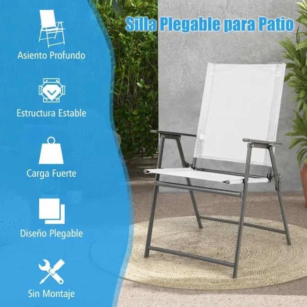 Conjunto de 4 cadeiras de jardim dobráveis com encosto alto Cadeira de jardim exterior portátil em metal de tecido resistente Brancas
