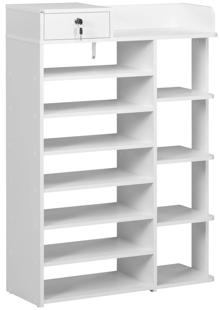 HOMCOM Sapateira de Madeira Móvel para Sapatos com 11 Prateleiras Abertas para 18 Pares de Sapatos e Armário com Fechadura para Corredor Entrada 80x27x112 cm Branco