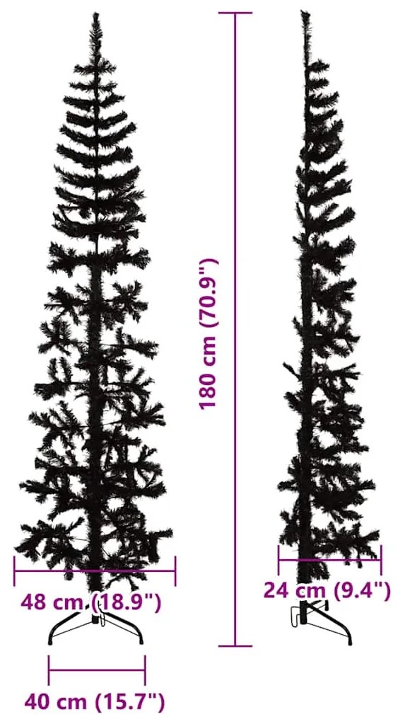 Meia árvore de Natal fina com suporte 180 cm preto