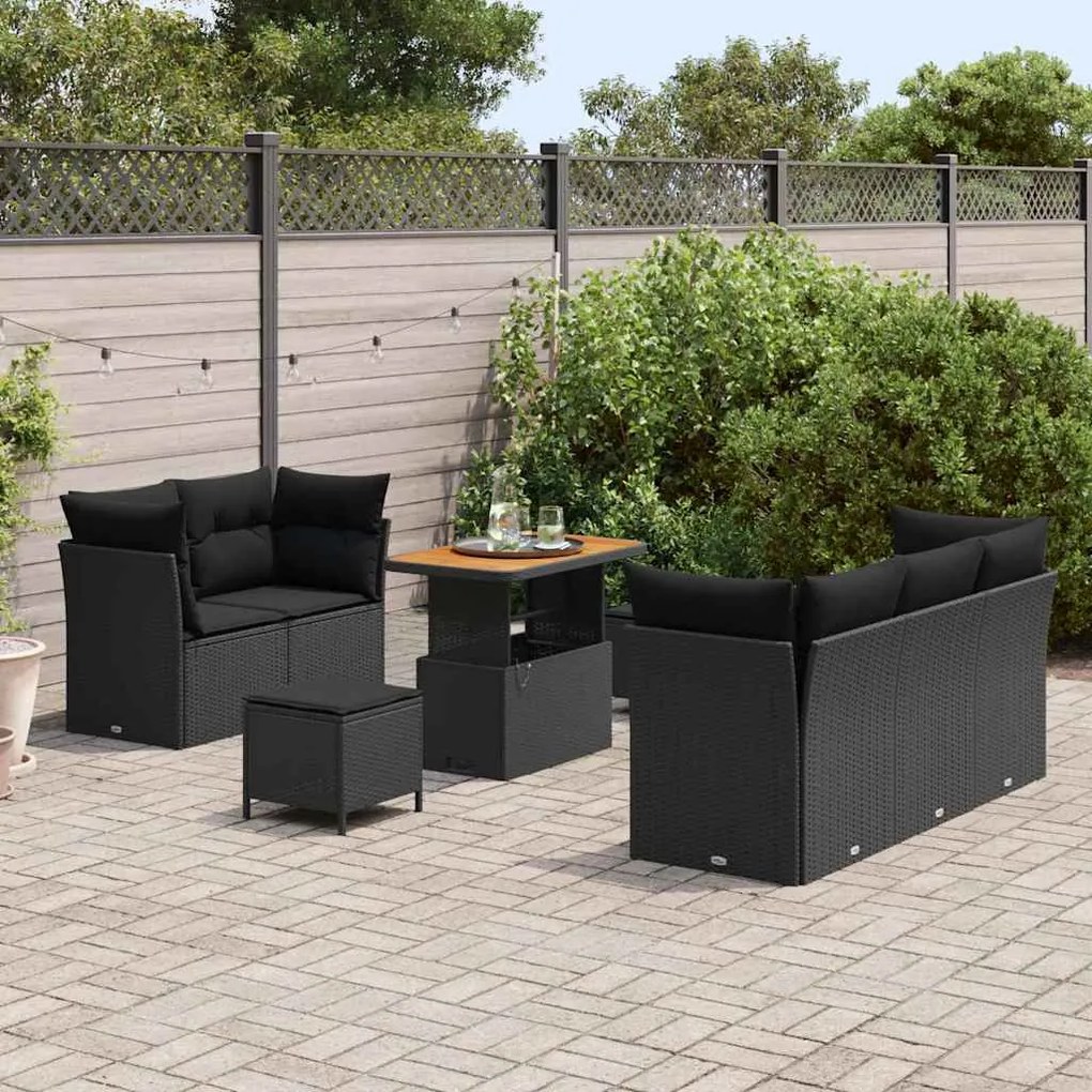 Conjunto de Sofá de Jardim vidaXL 8 Peças com Almofadas Preto Rattan P