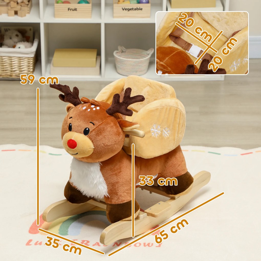 Cavalo de balanço para crianças, rena de brinquedo de balanço para bebés com canções de embalar, cinto de segurança, 65 x 32 x 55 cm, castanho