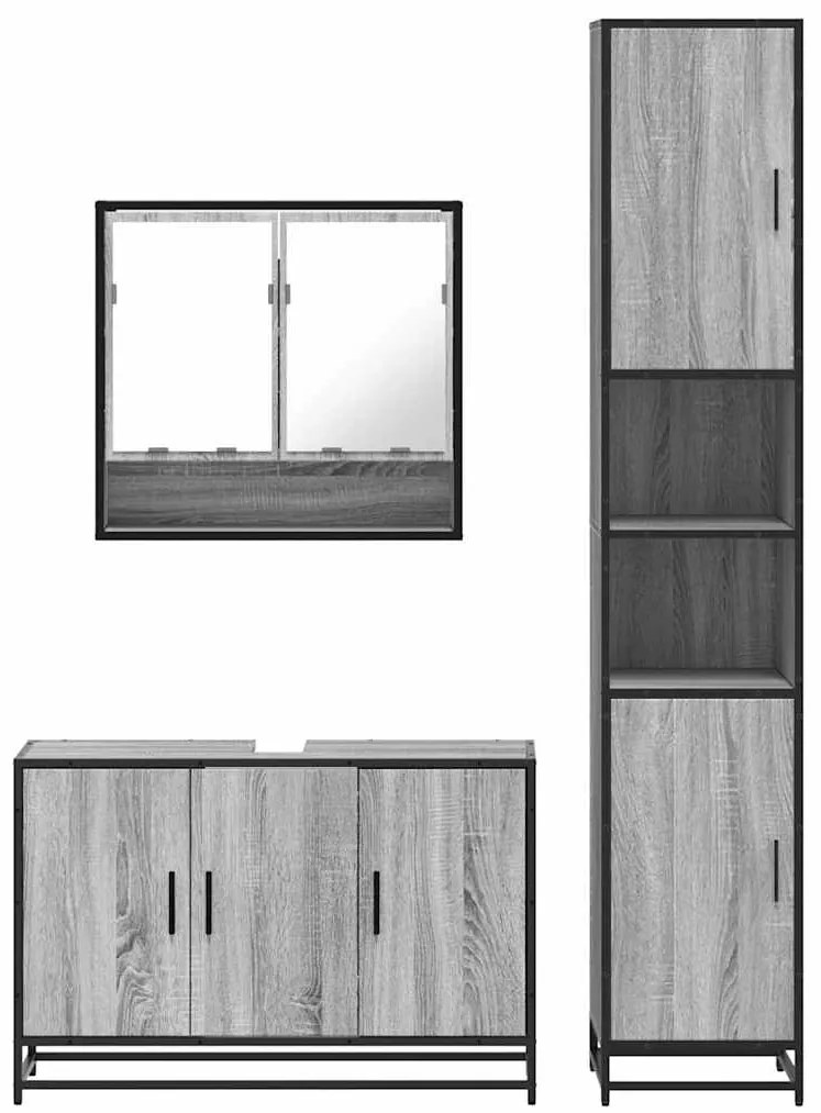 3 pcs Conjunto móveis casa de banho madeira proc. cinza sonoma