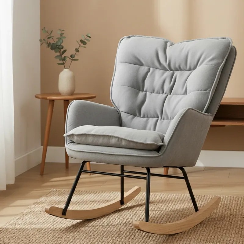 Cadeira Baloiço Estofada em Chenilla com Pés de Madeira de Faia e Apoio para os Braços para Lactância 71x98,5x97 cm Cinzento claro