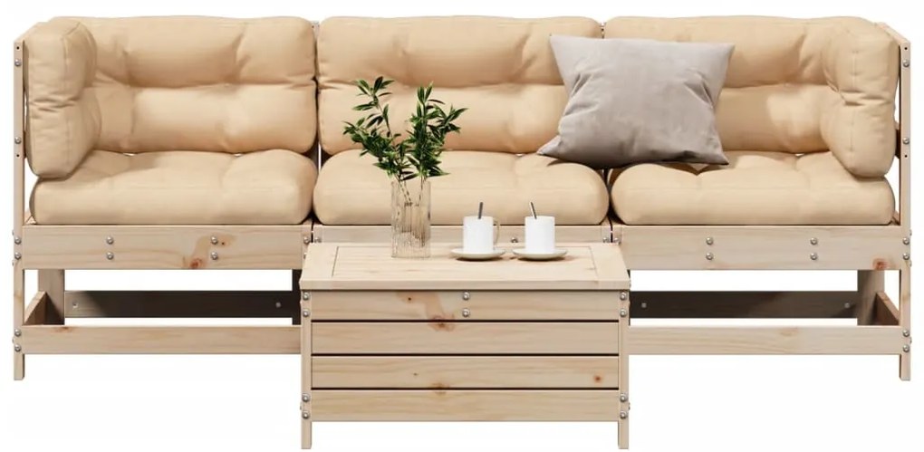 4 pcs conjunto lounge de jardim c/ almofadões pinho maciço