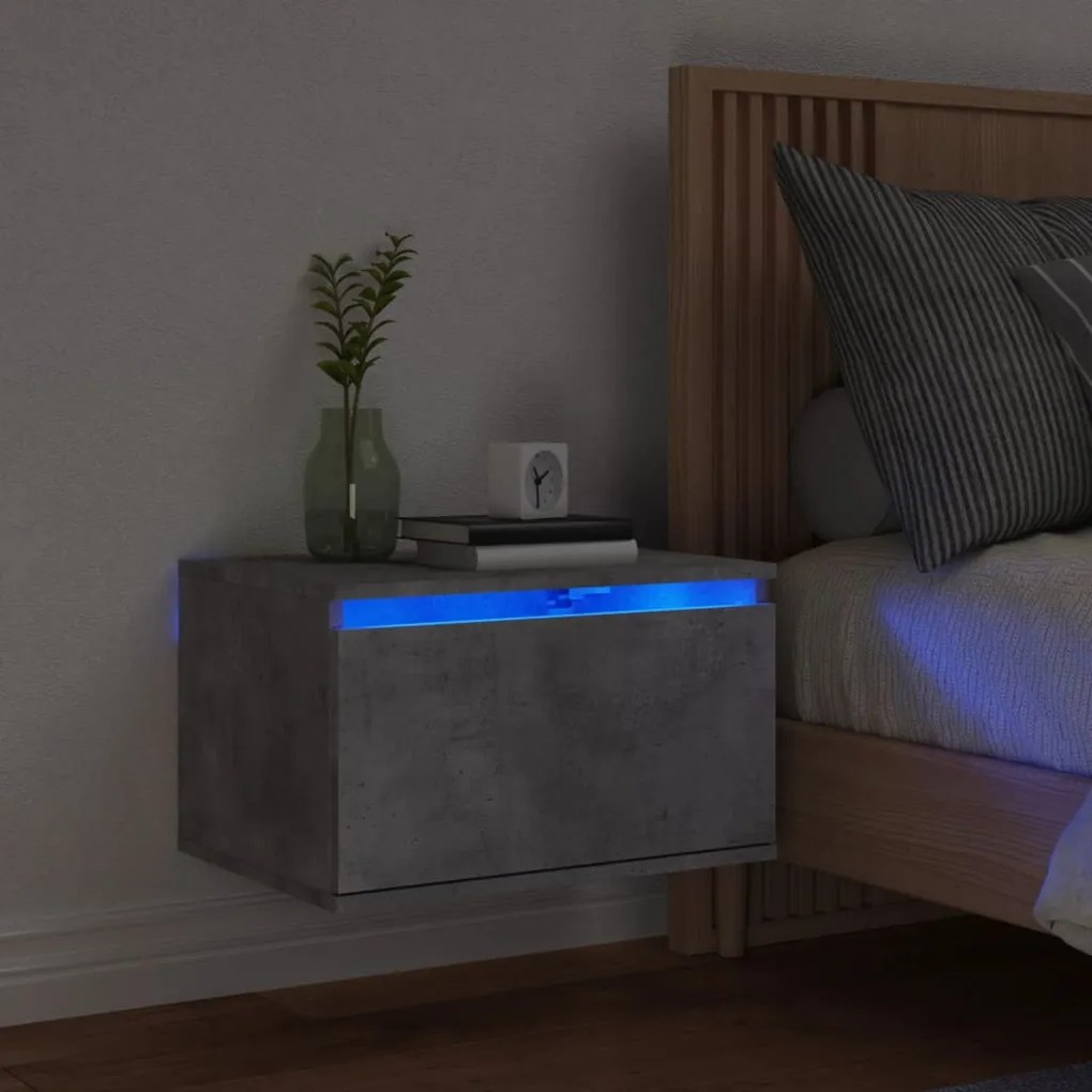 vidaXL Mesa de cabeceira de parede com luzes LED cinzento cimento