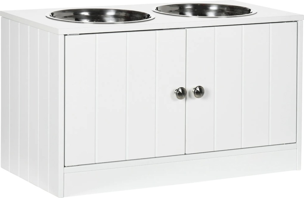 PawHut Comedouro Elevado para Cães 2 Tigelas de 2000ml de Aço Inoxidável 2 Portas e Armazenamento 60x30x35,5cm Branco | Aosom Portugal