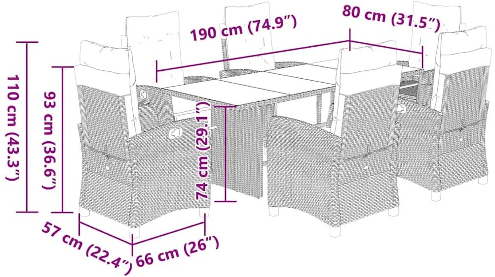 7 pcs conj. jantar p/ jardim c/ almofadões vime PE cinza-claro