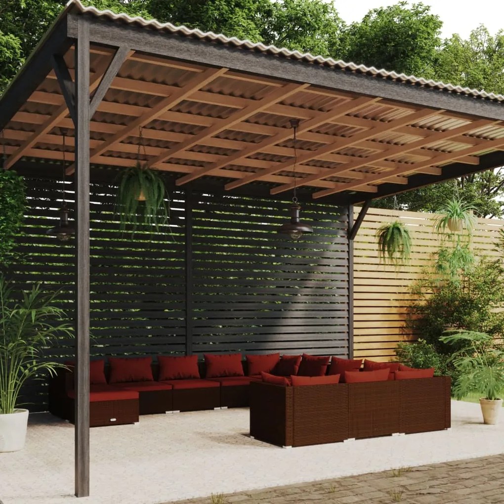 vidaXL 12 pcs conjunto lounge jardim c/ almofadões vime PE castanho