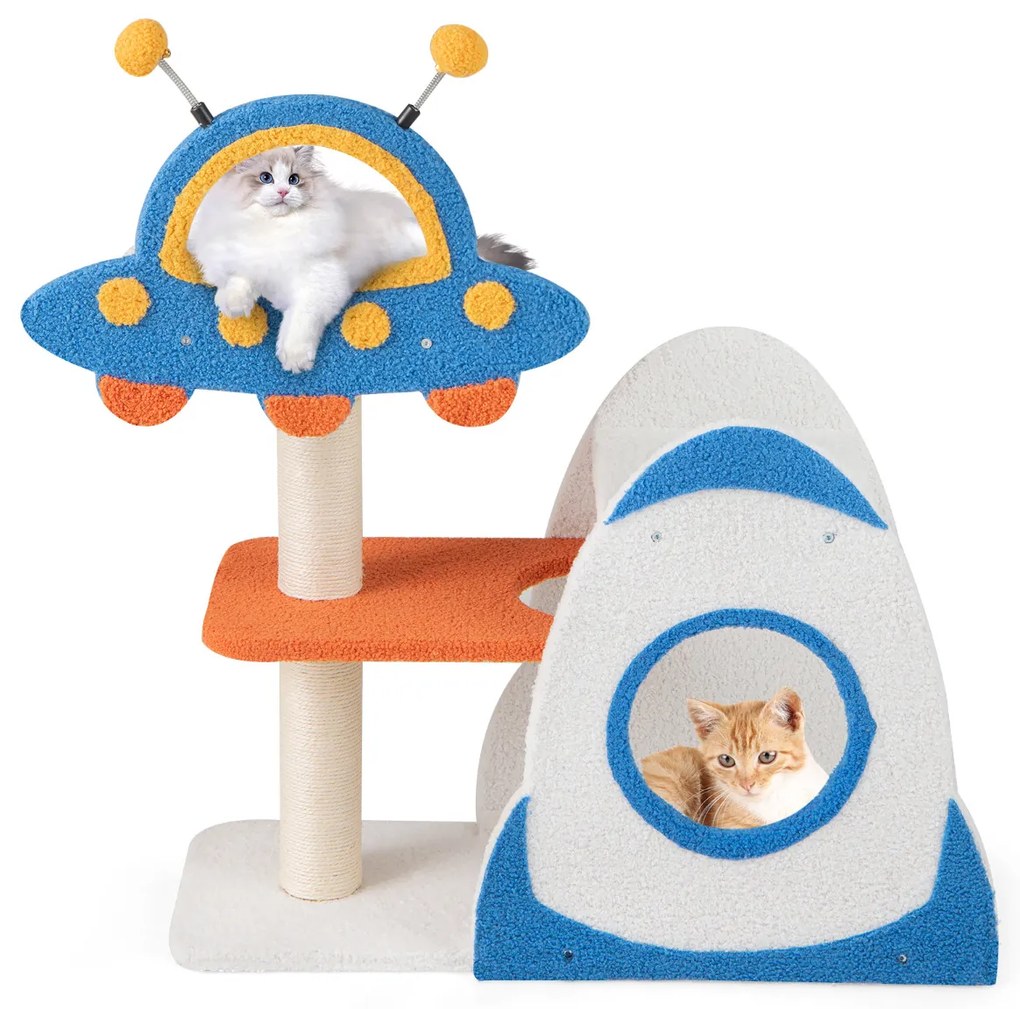 Arranhador para gatos 80 x 33 x 87 cm de 4 níveis em forma de OVNI com de 2 níveis em forma de foguetão Azul+Branco+Amarelo+Laranja