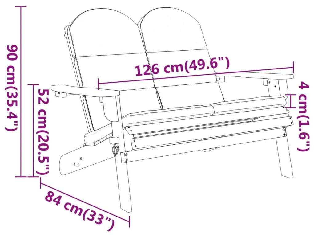 Banco de jardim Adirondack c/ almofadões 126 cm acácia maciça