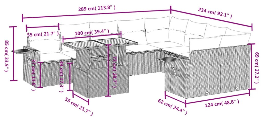 10 pcs conjunto de sofás p/ jardim com almofadões vime PE bege