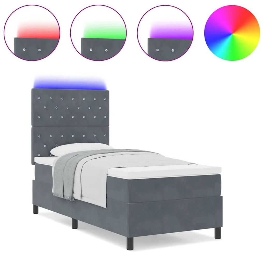 Cama Box Spring com Colchão e LED Cinza Escuro 90x190 cm Veludo