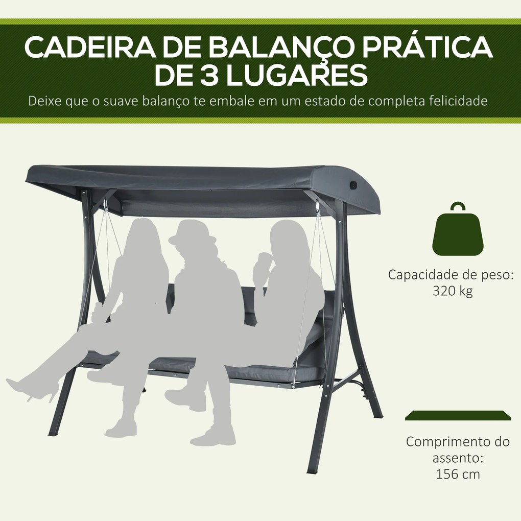 Baloiço de Jardim Exterior de 3 Lugares com Toldo Ajustável e Estrutura de Aço 202x115x168 cm Cinzento Escuro